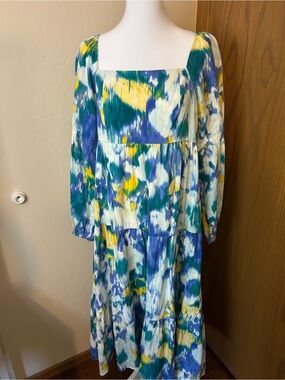 Donna Morgan Floral Tiered Midi Dress Size 8 Blue Green Yellow Puff Sleeve